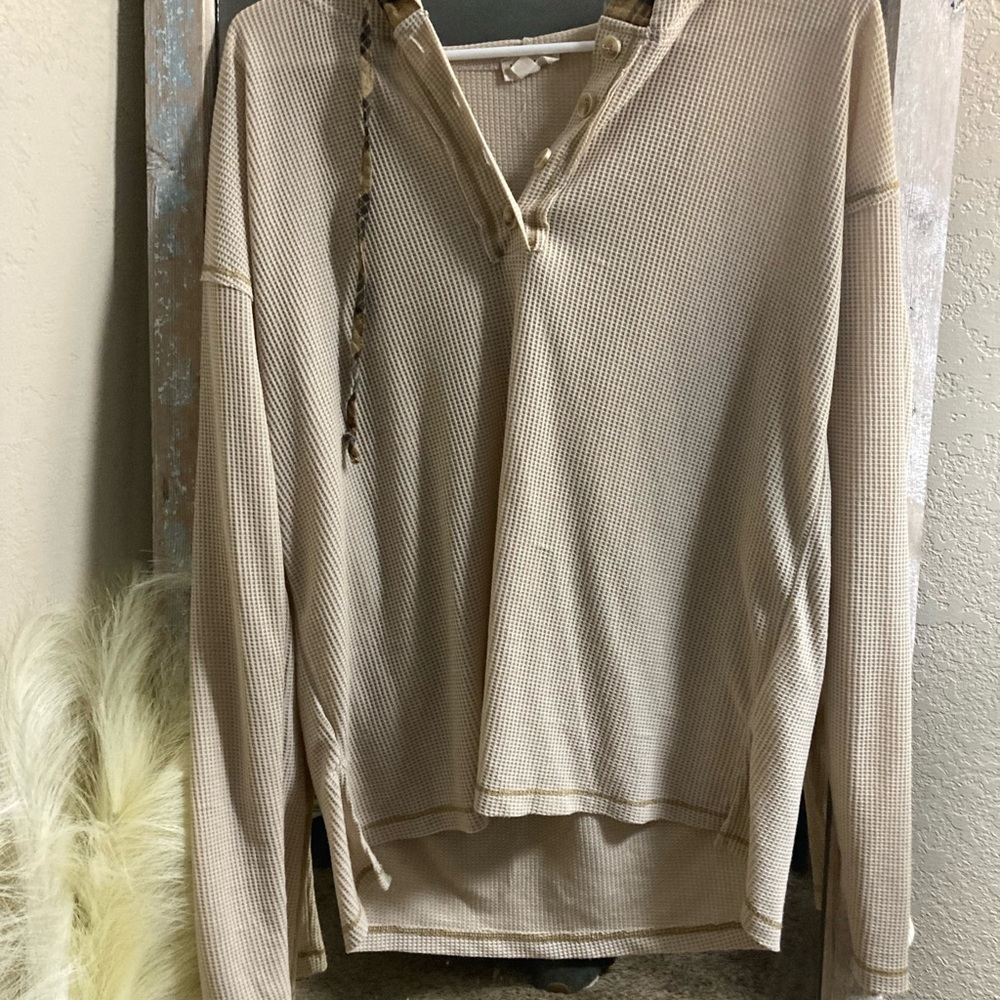 Casual Beige hooded plaid lined and drawstring hood waffle knit Long Sleeve Top